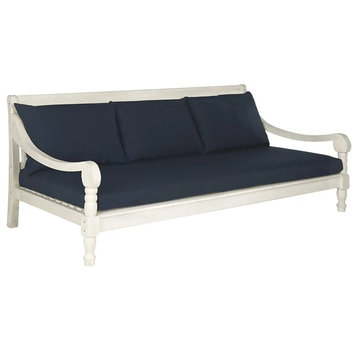 Patio Daybed Sofa, Carved Acacia Wood Frame & Cushioned Seat, Antique White/Navy