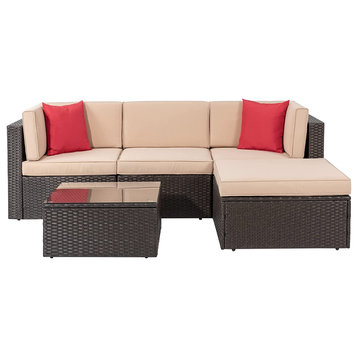 5 Pieces Patio Set, Beige Cushioned Sofa and Ottoman With Red Throw Pillows