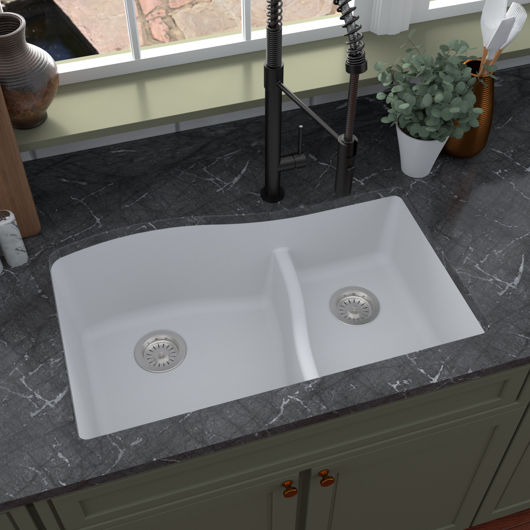 Karran Undermount Quartz 32" 60/40 Double Bowl Kitchen Sink, White