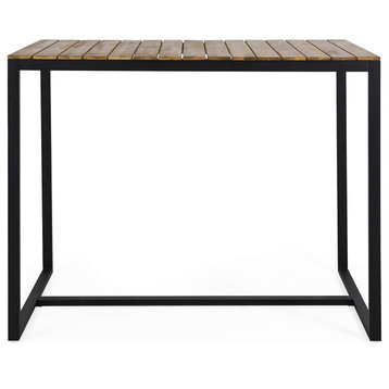 Patio Bar Table, Black Metal Base & Acacia Wood Top With Slat Paneling, Teak
