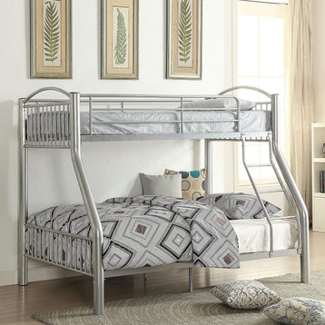 Twin Over Full Bunk Bed, Metal Frame With Safety Guard Rails & Ladder, Silver