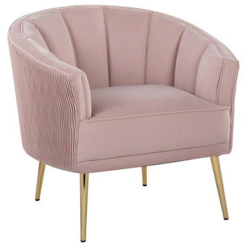 Tania Pleated Waves Accent Chair, Gold Steel, Blush Pink Velvet