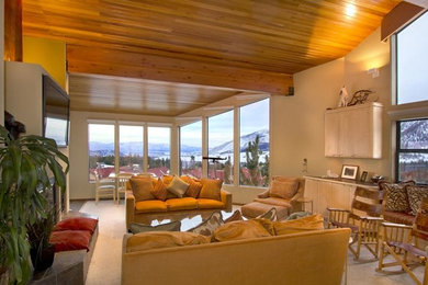 Living room - large rustic enclosed carpeted living room idea in Other with beige walls, a standard fireplace, a wood fireplace surround and a wall-mounted tv