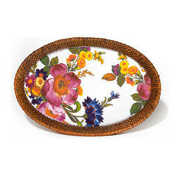 Flower Market Rattan & Enamel Tray- White Small | MacKenzie Childs - Serving Dishes And Platters