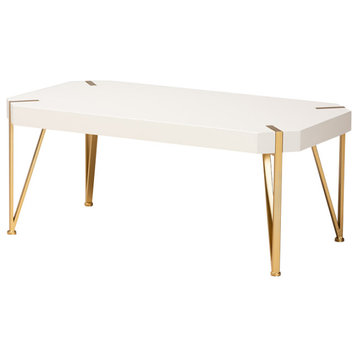 Tellia Contemporary Glam Luxe Brushed Gold Metal and White Wood Coffee Table