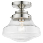 Livex Lighting - Avondale 1 Light Brushed Nickel Semi-Flush - The Avondale single light semi flush puts a new spin on schoolhouse style. The curvy clear glass shade is paired with brushed nickel finish details, creating a look that is great for any space.