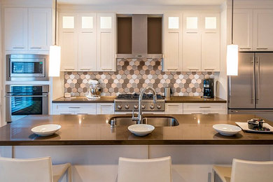 Large transitional galley kitchen photo in Miami with multicolored backsplash, glass tile backsplash, a double-bowl sink, shaker cabinets, white cabinets, solid surface countertops and stainless steel appliances
