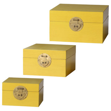 Dann Foley Set of 3 Chinese-Style Wooden Keep Boxes Mustard Yellow