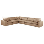 Meridian Furniture - Comfy Upholstered L-Shaped Modular Sectional, Tan, 6-Piece: 3 Armless Chair, 3 Corner Chair, Vegan Leather - Give your space a whole new look with this tan Comfy vegan leather sectional. This handsome sectional fits nicely with other items in the Comfy collection and is a versatile seating option designed for adaptability, comfort and style. Wrapped in rich tan durable vegan leathered upholstery, this sectional offers a plush embrace of overstuffed down feather cushions, carefully crafted to deliver the highest level of comfort. The perfect seat for creating an oasis for relaxation, this sectional has thick foam surrounding its frame for added support and coziness.