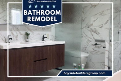 Mid-sized master multicolored tile and ceramic tile ceramic tile, multicolored floor and double-sink bathroom photo in San Francisco with flat-panel cabinets, brown cabinets, a bidet, multicolored walls, a drop-in sink, quartzite countertops, white countertops and a floating vanity