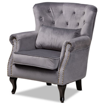 Fletcher Gray Velvet Fabric Upholstered And Dark Brown Finished Wood Armchair