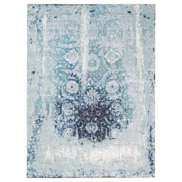 Wool and Silk Blue-Teal Persian Tabriz Broken Design Handknotted Rug, 9'1"x11'9"