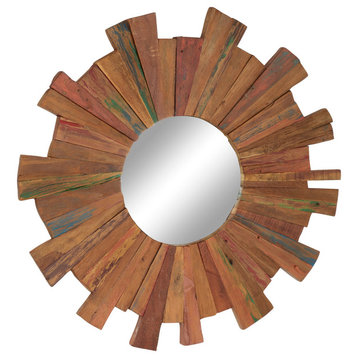 Large Eclectic Multi-Colored Reclaimed Wood Round Wall Mirror, 35.5"