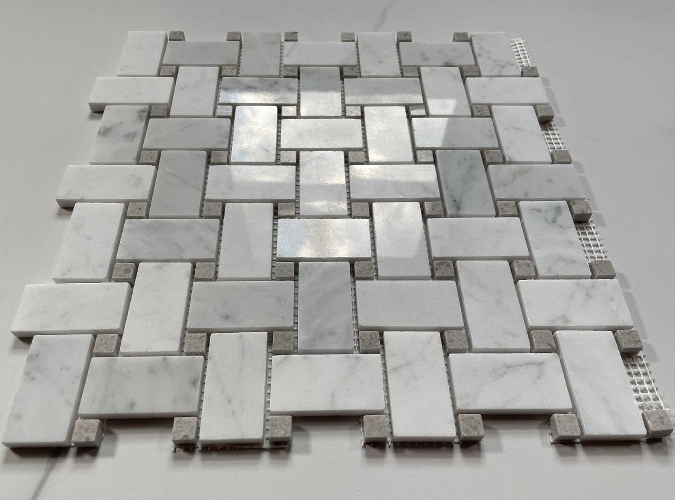 Carrara Venato Marble 1x2 Basketweave Mosaic Tile Gray Dots Polished, 1 sheet