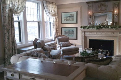 Living room - large eclectic open concept dark wood floor living room idea in Chicago with gray walls, a standard fireplace, a stone fireplace and a concealed tv