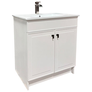 31" Single Sink Foldable Vanity, White With White Ceramic Top, Matte Black