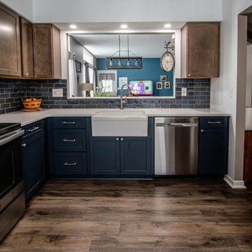 Two Tone Kitchen: Navy and Wood Kitchen with Carrara Wind Quartz Countertops