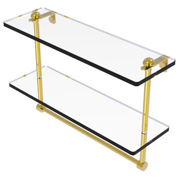 16" Two Tiered Glass Shelf with Integrated Towel Bar, Polished Brass