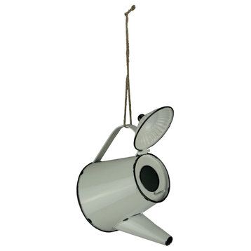 White Enamel Metal Rustic Tea Kettle Decorative Outdoor Hanging Birdhouse Small