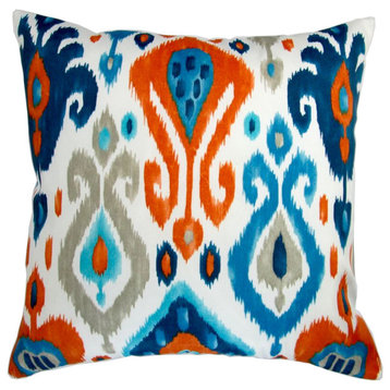 18" Outdoor Modern Colorful Orange Blue Grey Ikat Geometric, Set of 2, Pillow Co