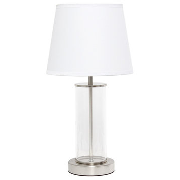 Simple Designs Encased Metal & Clear Glass Table Lamp, Brushed Nickel & White