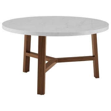 Retro Modern Coffee Table, Acorn Finished Legs & Round Faux Marble Top