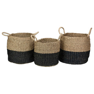 Set of 3 Beige and Black Round Wicker Table and Floor Baskets