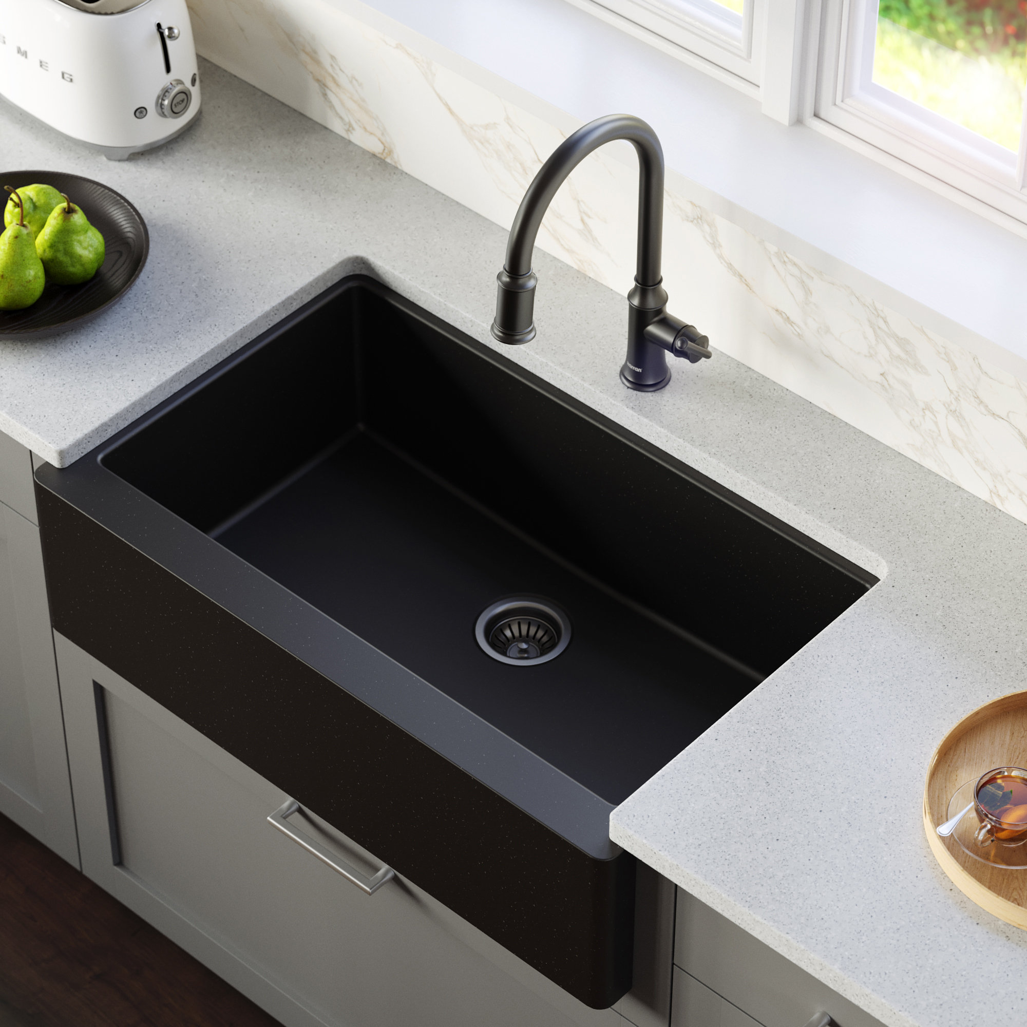 Karran Farmhouse/Apron-Front Quartz 34" Single Bowl Kitchen Sink, Black
