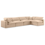Meridian Furniture - Comfy Upholstered L-Shaped Modular Sectional, Beige, 5-Piece: 3 Armless Chair, 2 Corner Chair, Velvet - Give your space a whole new look with this beige Comfy velvet sectional. This handsome sectional fits nicely with other items in the Comfy collection and is a versatile seating option designed for adaptability, comfort and style. Wrapped in rich beige durable velvet upholstery, this sectional offers a plush embrace of overstuffed down feather cushions, carefully crafted to deliver the highest level of comfort. The perfect seat for creating an oasis for relaxation, this sectional has thick foam surrounding its frame for added support and coziness.