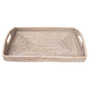 Artifacts Rattan™ Rectangular Serving Ottoman Tray With High Handles, White Wash, 21"x14"