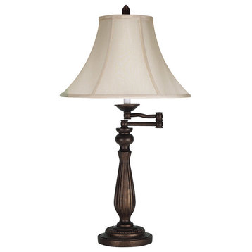 150W 3 Way Swing Arm Table Lamp, Antique Rust Finish, Pearl Shade