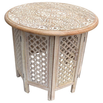 Mesh Cut Out Carved Mango Wood Octagonal Folding Table With Round Top