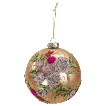 4.5" Pink Floral Applique Glass Ball Christmas Ornament