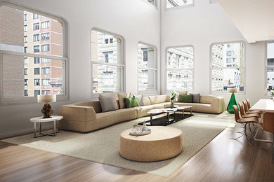 Inspiration for a large 1950s formal and open concept light wood floor and beige floor living room remodel in New York with white walls, no fireplace and no tv