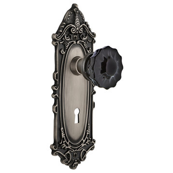 Victorian Plate Double Dummy Crystal Black Glass Knob, Antique Pewter