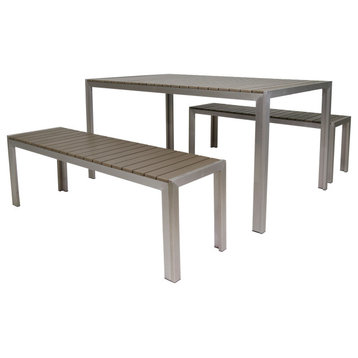 GDF Studio Butler Outdoor Aluminum Picnic Set With Faux Wood Top, Silver/Natural