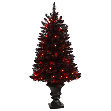 4' Black Halloween Artificial Christmas Tree, Urn With 100 Orange LED Lights