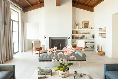 Mid-sized minimalist formal and open concept light wood floor living room photo in Austin with white walls, a standard fireplace, a plaster fireplace and no tv