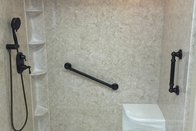 Inspiration for a transitional bathroom in San Diego with an alcove shower, brown tile and stone slab.