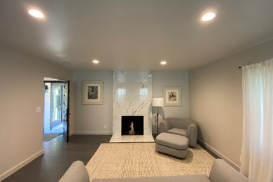 Example of a mid-sized trendy formal and enclosed painted wood floor and gray floor living room design in Los Angeles with gray walls, a standard fireplace, a tile fireplace and a wall-mounted tv