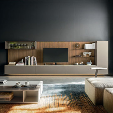 Modern living room with beige and wood entertainment center