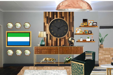 Ejemplo de hall minimalista de tamaño medio con paredes grises, suelo de madera oscura, puerta simple, puerta marrón, suelo marrón, casetón y ladrillo