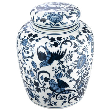 Decorative Bird Ceramic Ginger Jar with Lid, Blue and White