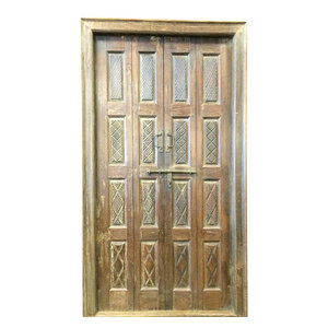 Mogul Interior - Consigned Indian Door Hand Carved Teak Rustic Wood Double Doors Yoga Decor - Rich with history and detail these set of doors will accent beautifully any room.