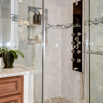 Elegant Master Bathroom Remodel with Quartz-Granite Hybrid Vanity and Spa Shower