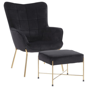 Izzy Contemporary Lounge Chair/Ottoman Set, Gold Metal/Black Velvet Fabric