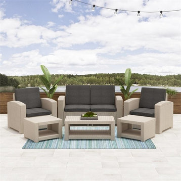 Adelaide 6pc All-Weather Beige Wicker / Rattan Patio Set with Dark Grey Cushions