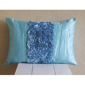 Handmade 12"x18" Ribbon Embroidered Sky Blue Silk Cushion Cover - Sky Blue Love