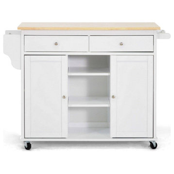 Traditional Kitchen Island Cart, Rubberwood Frame With White Body & Natural Top