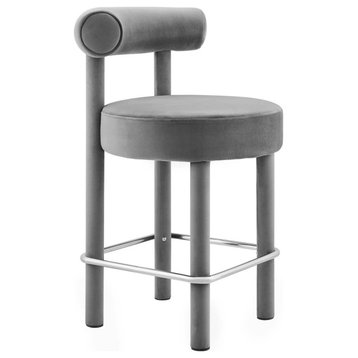 Toulouse Performance Velvet Counter Stool, Curved Round Bolster Kitchen Stool, Grey